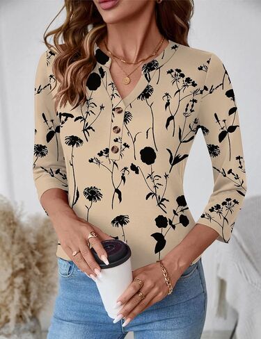Rapbin Women's Tops V Neck 3/4 Sleeve Button Down Business Casual Blouses Summer Tees Shirts in Kuwait