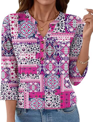 Rapbin Women's Tops V Neck 3/4 Sleeve Button Down Business Casual Blouses Summer Tees Shirts in Saudi Arabia