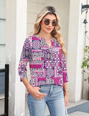 Rapbin Women's Tops V Neck 3/4 Sleeve Button Down Business Casual Blouses Summer Tees Shirts in Saudi Arabia