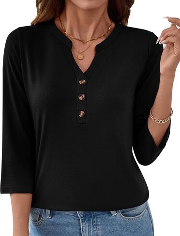 Rapbin Women's Tops V Neck 3/4 Sleeve Button Down Business Casual Blouses Summer Tees Shirts in Saudi Arabia