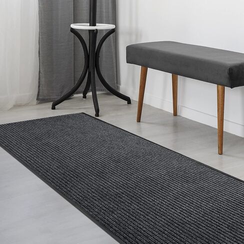 iCustomRug Heavy Duty Interior/Exterior Waterproof Utility Ribbed Vinyl Back Runner, 70 Sizes for Doorway, Balcony, Hallway, Commercial Space 4' X 52' Charcoal in Kuwait