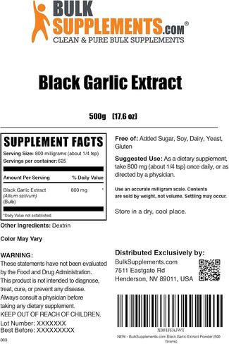 BulkSupplements.com Black Garlic Extract Powder - Aged Garlic Extract, Herbal Supplement - Vegan & Gluten Free, 800mg per Serving, 500g (1.1 lbs) (Pack of 1) in Saudi Arabia