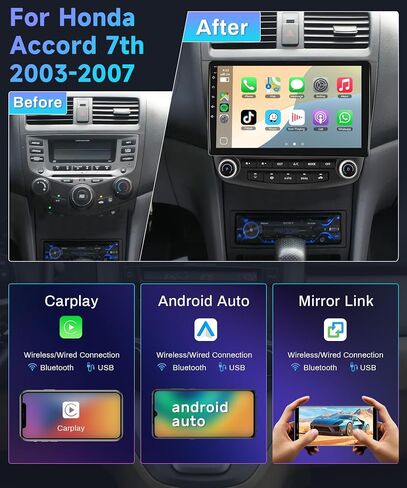 راديو Podofo 8 Core 8G+128G لسيارة Honda Accord 7th 2003 2004 2005 2006 2007 ستيريو سيارة مع CarPlay لاسلكي/Android Auto/WiFi 4G/10.1 بوصة 1280*720 IPS شاشة لمس/DSP/32EQ/بلوتوث/GPS/AM FM/كاميرا in Saudi Arabia
