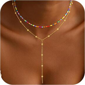 قلادات الذهب للنساء للنساء ، قلادة طويلة من الذهب 18 كيلو متر مطلي على شكل Y بار الطبقات ذات الطبقات الملونة قلادات بالخرز بالملونة المجوهرات الذهبية البسيطة للنساء الهدايا in Kuwait