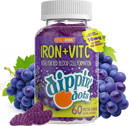 الحديد مع فيتامين C & B12 Gummies (60 عدد) حيوية لتشكيل خلايا الدم الحمراء | علكة العنب العنب الحقيقي البكتين فاكهة مضغ المكملات الغذائية | نباتي ، غير محلي ، خالي من الغلوتين وخالية من الجيلاتين in Saudi Arabia