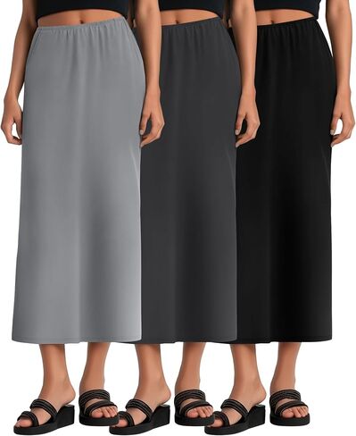 Huukeay 3 Pack Long Maxi Skirts for Women, Back Slit Ankle Length Casual Skirts Elastic Waist Soft Pencil Skirts with Pockets in Saudi Arabia