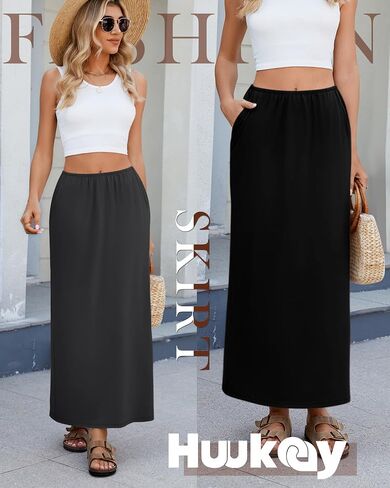 Huukeay 3 Pack Long Maxi Skirts for Women, Back Slit Ankle Length Casual Skirts Elastic Waist Soft Pencil Skirts with Pockets in Saudi Arabia
