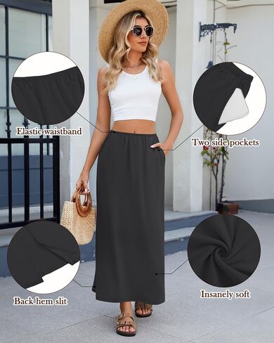 Huukeay 3 Pack Long Maxi Skirts for Women, Back Slit Ankle Length Casual Skirts Elastic Waist Soft Pencil Skirts with Pockets in Saudi Arabia