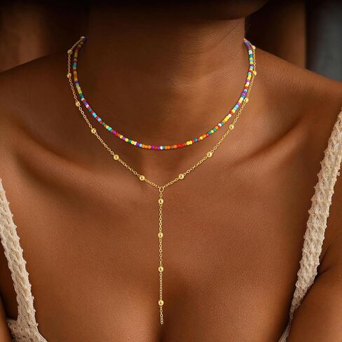 قلادات الذهب للنساء للنساء ، قلادة طويلة من الذهب 18 كيلو متر مطلي على شكل Y بار الطبقات ذات الطبقات الملونة قلادات بالخرز بالملونة المجوهرات الذهبية البسيطة للنساء الهدايا in Kuwait