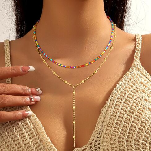 قلادات الذهب للنساء للنساء ، قلادة طويلة من الذهب 18 كيلو متر مطلي على شكل Y بار الطبقات ذات الطبقات الملونة قلادات بالخرز بالملونة المجوهرات الذهبية البسيطة للنساء الهدايا in Kuwait