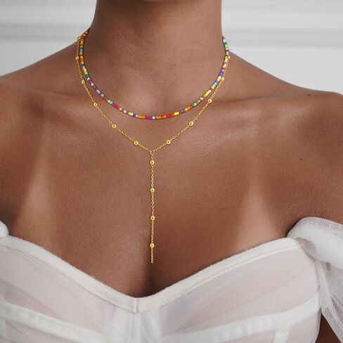 قلادات الذهب للنساء للنساء ، قلادة طويلة من الذهب 18 كيلو متر مطلي على شكل Y بار الطبقات ذات الطبقات الملونة قلادات بالخرز بالملونة المجوهرات الذهبية البسيطة للنساء الهدايا in Kuwait