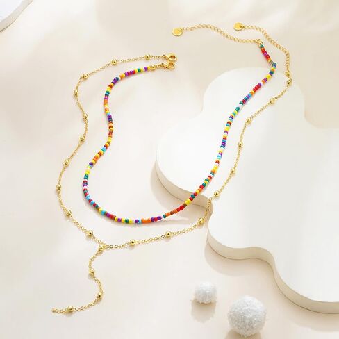 قلادات الذهب للنساء للنساء ، قلادة طويلة من الذهب 18 كيلو متر مطلي على شكل Y بار الطبقات ذات الطبقات الملونة قلادات بالخرز بالملونة المجوهرات الذهبية البسيطة للنساء الهدايا in Kuwait