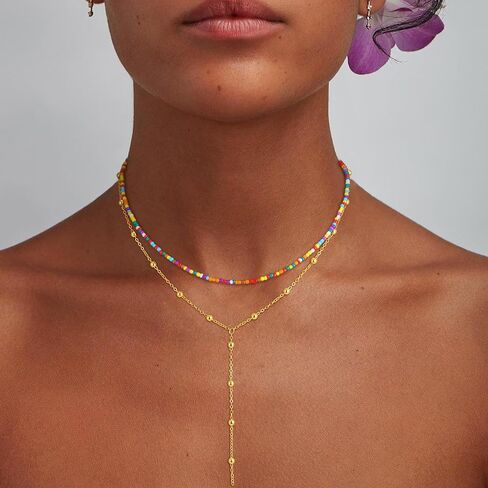 قلادات الذهب للنساء للنساء ، قلادة طويلة من الذهب 18 كيلو متر مطلي على شكل Y بار الطبقات ذات الطبقات الملونة قلادات بالخرز بالملونة المجوهرات الذهبية البسيطة للنساء الهدايا in Kuwait