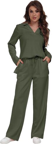 RONGTAI 2 Piece Outfits Sweatsuit for Women Casual Long Sleeve V Neck Pullover Tracksuit Solid Soft Comfy Tracksuits Set in Saudi Arabia