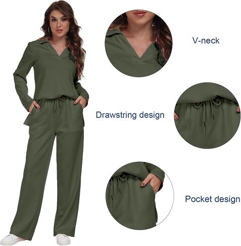 RONGTAI 2 Piece Outfits Sweatsuit for Women Casual Long Sleeve V Neck Pullover Tracksuit Solid Soft Comfy Tracksuits Set in Saudi Arabia