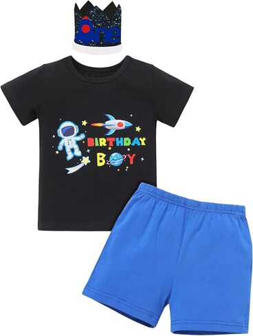 IBTOM CASTLE Baby Boys 1st Birthday Outfit Jungle Safari & Space & Farm Top Shirt Shorts Crown 3PCS Cake Smash Clothes Set in Saudi Arabia