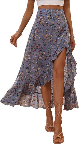Wdirara Women's Boho Floral Print كشكش Maxi Skirt عالية الخصر تقسيم التنانير الطويلة in Kuwait