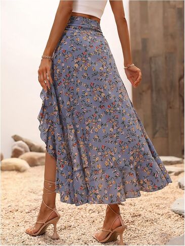 Wdirara Women's Boho Floral Print كشكش Maxi Skirt عالية الخصر تقسيم التنانير الطويلة in Kuwait