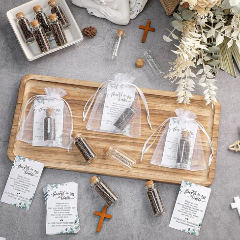Tanlade 100 Sets Funeral Favors Memorial Seed Big Glass Bottles with Cork Stopper Funeral Prayer Card Celebration of Life Card Bag for Loss of Loved Memorial Service, 0.87x1.97in, No Seed (Leaf) in Saudi Arabia