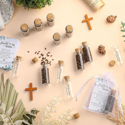 Tanlade 100 Sets Funeral Favors Memorial Seed Big Glass Bottles with Cork Stopper Funeral Prayer Card Celebration of Life Card Bag for Loss of Loved Memorial Service, 0.87x1.97in, No Seed (Leaf) in Saudi Arabia