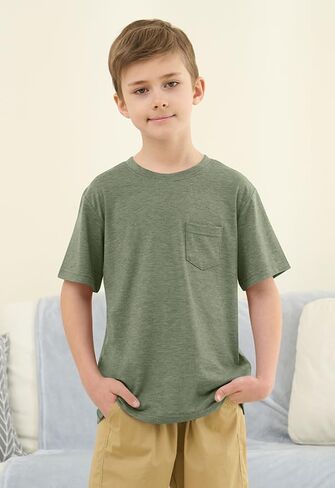 ZDC Boys Short Sleeve T Shirts Kids Summer Crewneck Tops Basic Tees with Pockets 5-14 Years in Kuwait