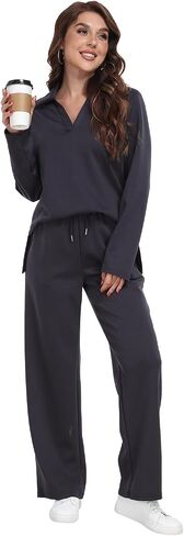 RONGTAI 2 Piece Outfits Sweatsuit for Women Casual Long Sleeve V Neck Pullover Tracksuit Solid Soft Comfy Tracksuits Set in Saudi Arabia