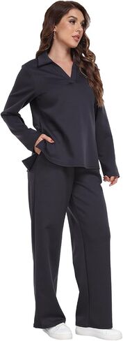 RONGTAI 2 Piece Outfits Sweatsuit for Women Casual Long Sleeve V Neck Pullover Tracksuit Solid Soft Comfy Tracksuits Set in Saudi Arabia