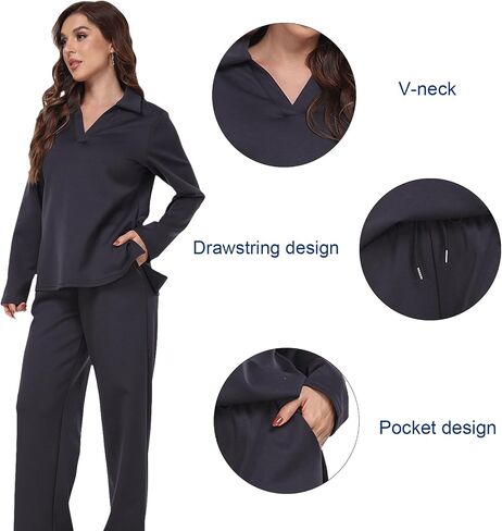 RONGTAI 2 Piece Outfits Sweatsuit for Women Casual Long Sleeve V Neck Pullover Tracksuit Solid Soft Comfy Tracksuits Set in Saudi Arabia