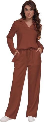 RONGTAI 2 Piece Outfits Sweatsuit for Women Casual Long Sleeve V Neck Pullover Tracksuit Solid Soft Comfy Tracksuits Set in Saudi Arabia