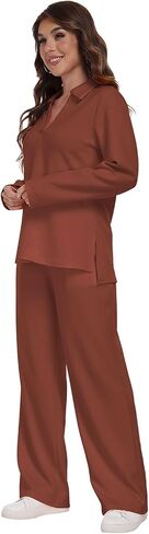 RONGTAI 2 Piece Outfits Sweatsuit for Women Casual Long Sleeve V Neck Pullover Tracksuit Solid Soft Comfy Tracksuits Set in Saudi Arabia