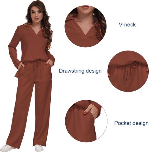RONGTAI 2 Piece Outfits Sweatsuit for Women Casual Long Sleeve V Neck Pullover Tracksuit Solid Soft Comfy Tracksuits Set in Saudi Arabia