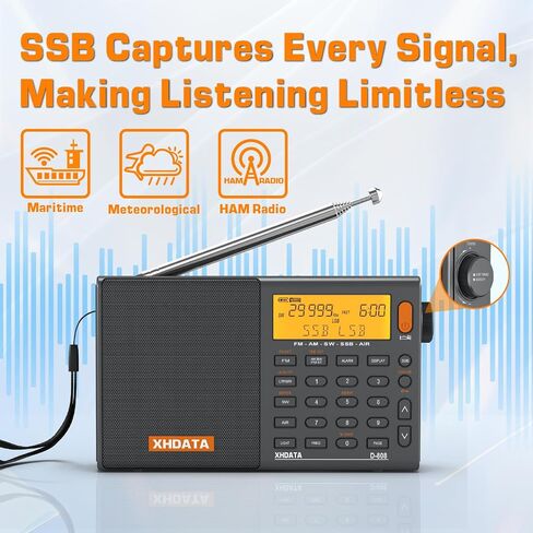 D808 Portable AM FM SW LW Air Band Radio SSB RDS Multi Band Radio Speaker with LCD Display Alarm Clock External Antenna (Black) in Kuwait