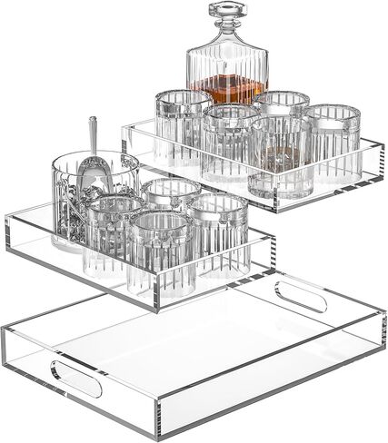 Acrylic Serving Tray Set of 2-16x12 & 16x11.4 Inch Clear Luxury Trays for Kitchen, Dining, Bathroom Organizer - Non-Slip, Scratch-Resistant, Spill-Proof Design - Ideal Gift for Housewarming, Parties in Kuwait