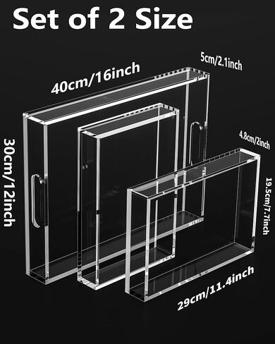 Acrylic Serving Tray Set of 2-16x12 & 16x11.4 Inch Clear Luxury Trays for Kitchen, Dining, Bathroom Organizer - Non-Slip, Scratch-Resistant, Spill-Proof Design - Ideal Gift for Housewarming, Parties in Kuwait