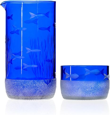 Rolf Glass School of Fish Twice حول إبريق الأزرق و Mini Sipper | 13oz قاذف زجاجي معاد تدويره و 2 "Mini Sipper | تذوق Tequila | مصنوعة من زجاجات معاد تدويرها | محفورة في الولايات المتحدة الأمريكية | 2pc + مجموعة هدايا in Kuwait