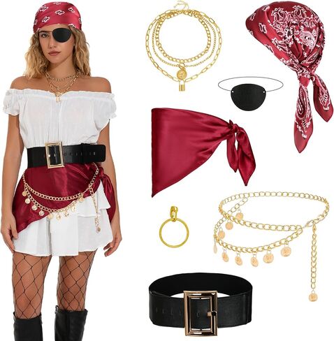 Women Pirate Accessories Costume Head Scarf Waist Belt 7pcs Halloween Pirate Set in Saudi Arabia