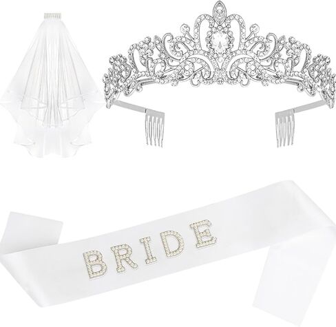 Bride Sash & Silver Crown & Wedding Veil Set for Bride to Be Gifts, Rhinestones Crown and Pearl Sash and Bridal Veil for Wedding Bachelorette Party Favors Bridal Shower Decorations in Saudi Arabia