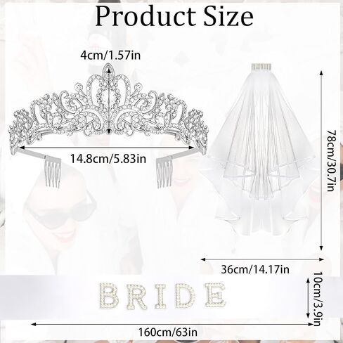 Bride Sash & Silver Crown & Wedding Veil Set for Bride to Be Gifts, Rhinestones Crown and Pearl Sash and Bridal Veil for Wedding Bachelorette Party Favors Bridal Shower Decorations in Saudi Arabia
