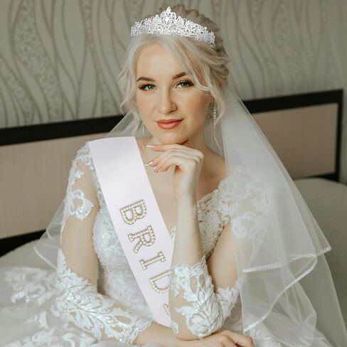 Bride Sash & Silver Crown & Wedding Veil Set for Bride to Be Gifts, Rhinestones Crown and Pearl Sash and Bridal Veil for Wedding Bachelorette Party Favors Bridal Shower Decorations in Saudi Arabia