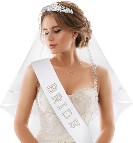 Bride Sash & Silver Crown & Wedding Veil Set for Bride to Be Gifts, Rhinestones Crown and Pearl Sash and Bridal Veil for Wedding Bachelorette Party Favors Bridal Shower Decorations in Saudi Arabia