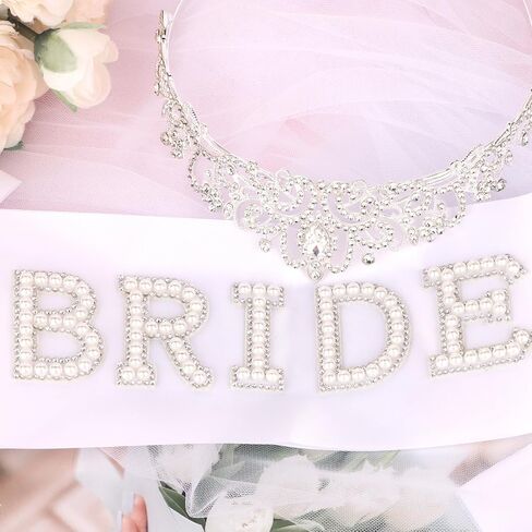 Bride Sash & Silver Crown & Wedding Veil Set for Bride to Be Gifts, Rhinestones Crown and Pearl Sash and Bridal Veil for Wedding Bachelorette Party Favors Bridal Shower Decorations in Saudi Arabia