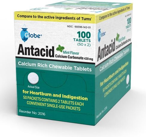 Globe (100 Chewable Mint Antacid Tablets for Acid Indigestion, Heartburn, and Upset Stomach - 50 Packets of 2 Tablets Each, 100 Count. Made in The USA in Saudi Arabia