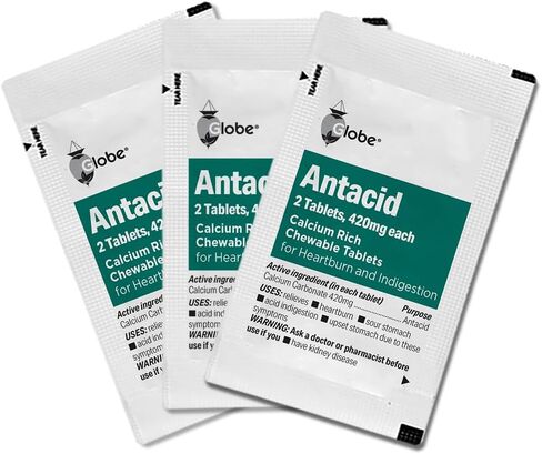 Globe (100 Chewable Mint Antacid Tablets for Acid Indigestion, Heartburn, and Upset Stomach - 50 Packets of 2 Tablets Each, 100 Count. Made in The USA in Saudi Arabia