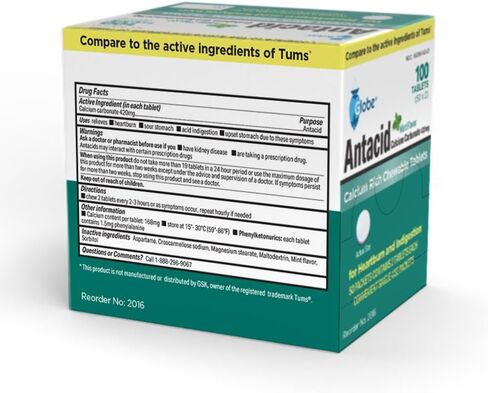 Globe (100 Chewable Mint Antacid Tablets for Acid Indigestion, Heartburn, and Upset Stomach - 50 Packets of 2 Tablets Each, 100 Count. Made in The USA in Saudi Arabia