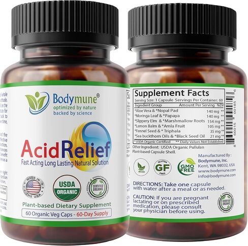 AcidRelief Acid Tamer | Promotes Stomach Comfort & Digestive Wellness* | Organic Herbal Blend for Gut Health* | 60 Capsules | Made in USA, USDA Organic, Vegan, Non-GMO, Gluten-Free in Kuwait
