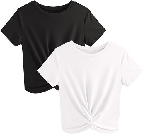 JINKESI Women's 2 Pack T-Shirts Summer Crop Tops Causal Crew Neck Short Sleeve Twist Front Tee T-Shirt in Kuwait