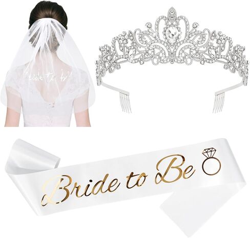 Bride Sash & Silver Crown & Wedding Veil Set for Bride to Be Gifts, Rhinestones Crown and Pearl Sash and Bridal Veil for Wedding Bachelorette Party Favors Bridal Shower Decorations in Saudi Arabia