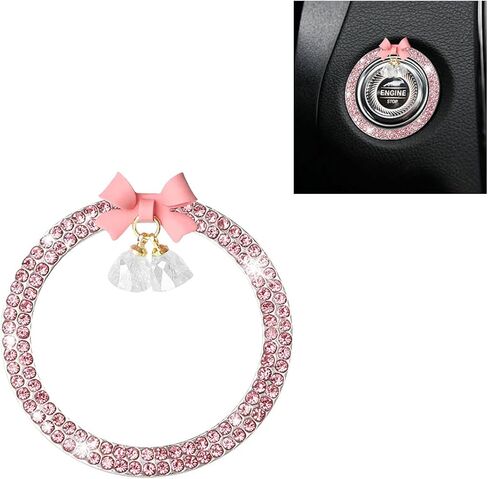Bling Diamond Car Engine Start Button Button Decoration Ring ، Crystal Rhinestone Push to Start Button Cover Cover Ring with Cute Bow ، Bling Ring Emblem Key Key Starter for Women (Pink) in Saudi Arabia