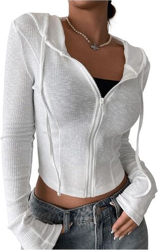 GORGLITTER Women's Cropped Zip Up Hoodie Lightweight Long Sleeve Rib Knit Slim Crop Jacket Fall Trendy 2025 in Saudi Arabia