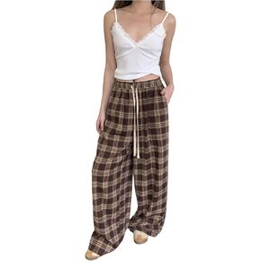 GORGLITTER Women's Plaid Wide Leg Baggy Pants Y2k Gingham High Waisted Drawstring Causal Pants in Kuwait